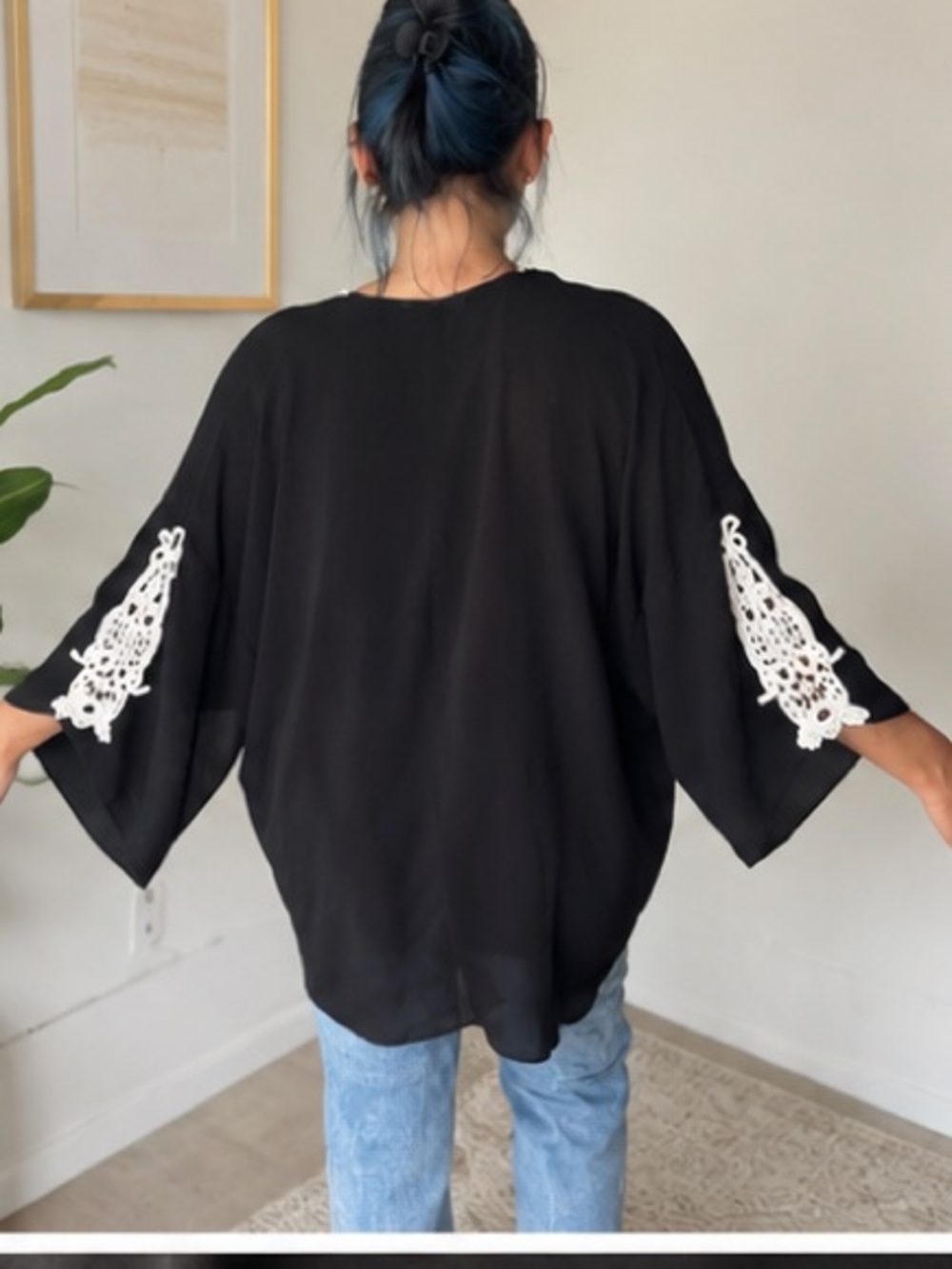 Black Crochet-Sleeve Kimono Cape